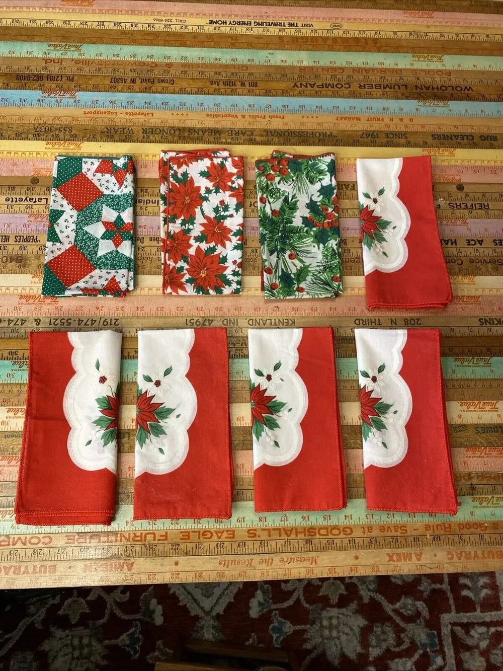 Vintage Christmas Napkins Cloth Set 8 Red Holly Poinsettia Patchwork Retro